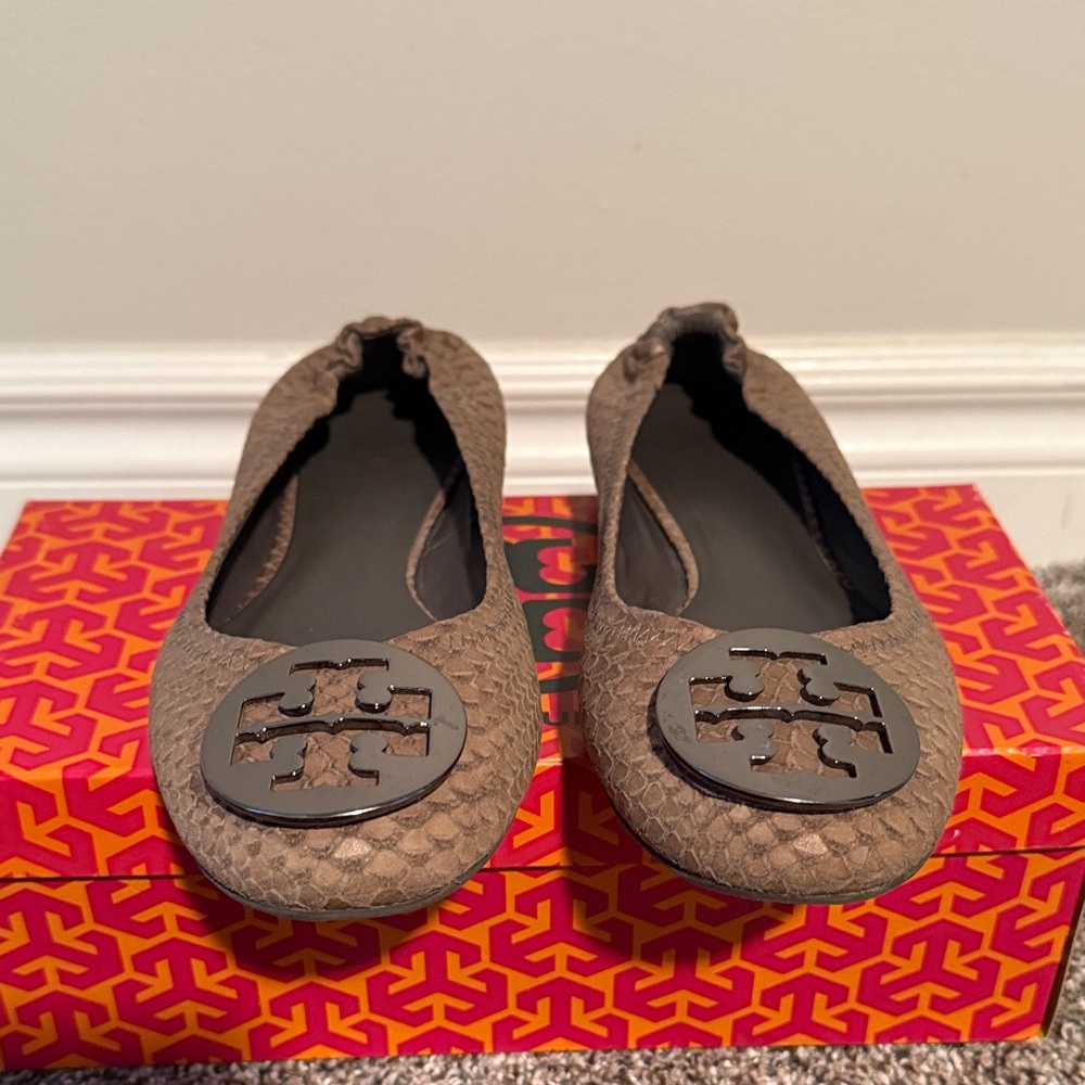 Tory Burch Snake Print Flats with Black Logo
